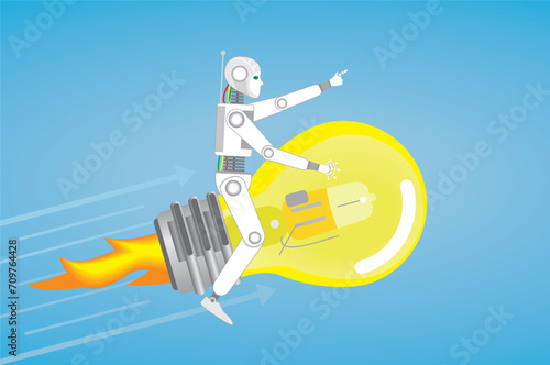 Robot flying on light bulb rocket. Dimension 16:9. Vector illustration.