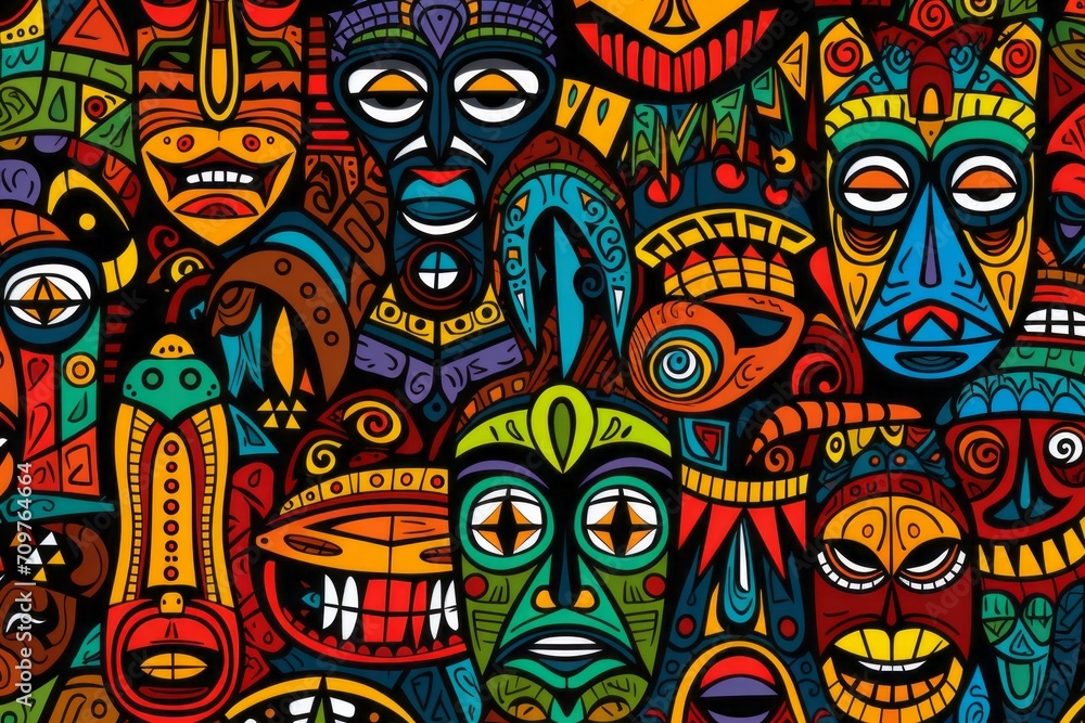 Cartoon cute doodles of traditional African tribal masks, symbols, and patterns forming an artistic and detailed seamless design, Generative AI