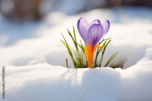Crocus flower blooming in snow, first spring flower. Close up macro view. Generative AI © marcin jucha