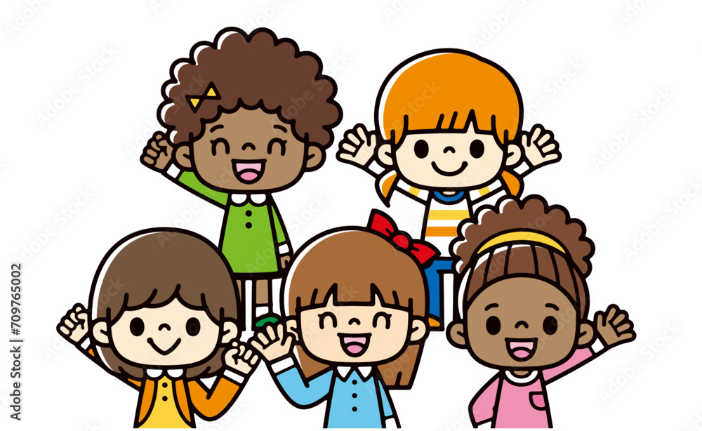 Illustration of multinational girls waving cheerfully Illustration of multinational girls waving cheerfully