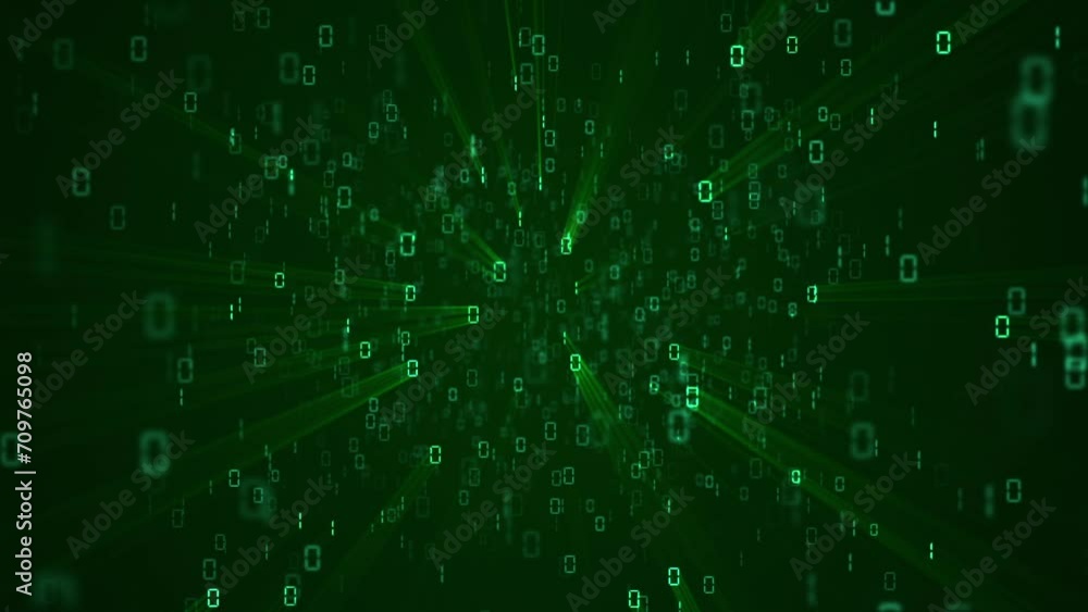 High speed flashing binary code ones and zeros streaming towards the camera. Full HD and looping green digital data technology background. Communications and connections concept.