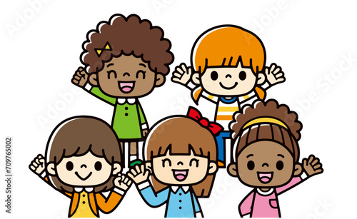 Illustration of multinational girls waving cheerfully