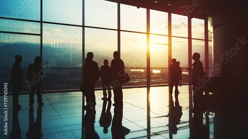 Businesspeople in silhouette near a window on sunrise.