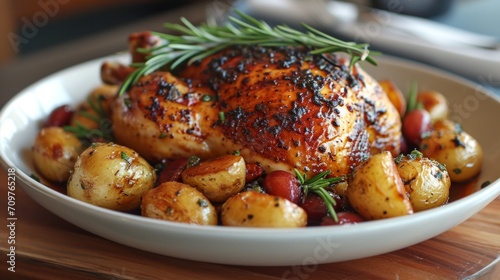 Delicious roast chicken decorated with greens, chicken dinner  photo