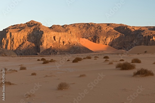 View of the rock formations Playa of Moul Naga at sunrise of the Tadrart Rouge rocky mountain range in Tassili n Ajjer National Park. Sahara desert  Algeria  Africa.