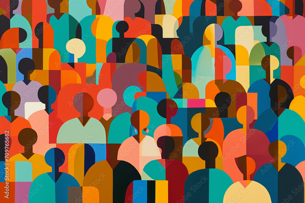 Crowd of people in different color and ethnicity vector illustration. Multiculturality.  - obrazy, fototapety, plakaty 