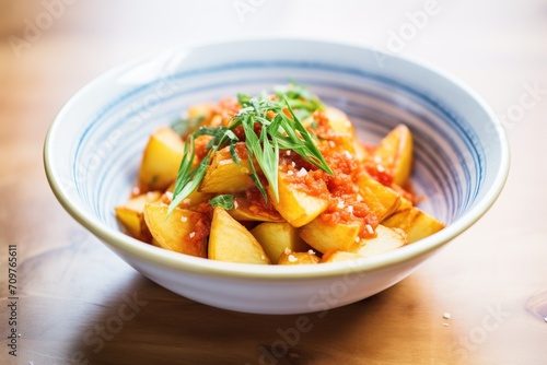 patatas bravas in a bowl with spicy tomato sauce