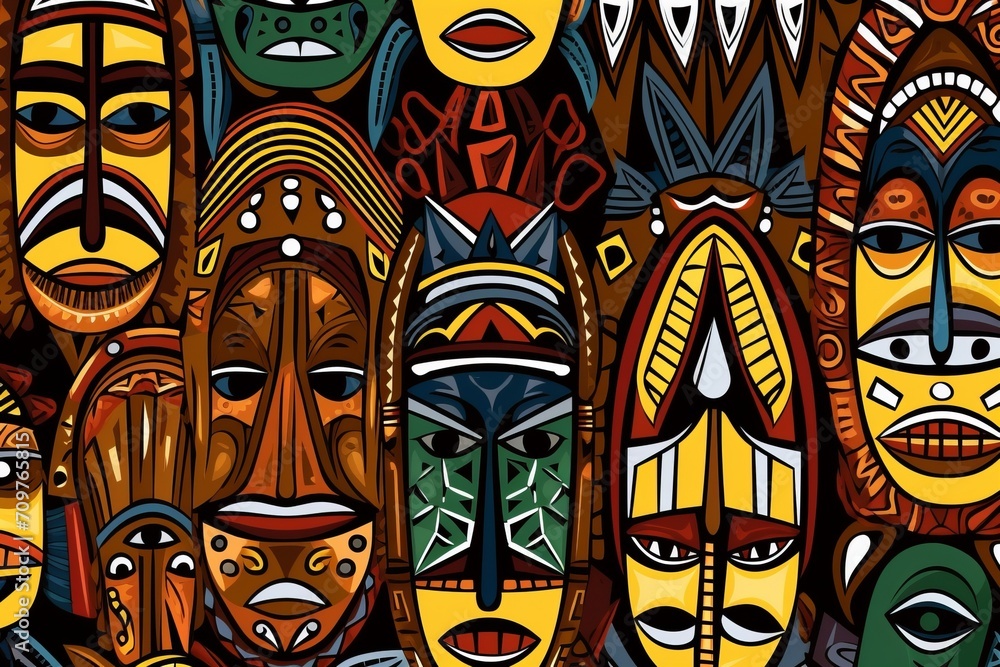 Cartoon cute doodles of traditional African tribal masks, symbols, and patterns forming an artistic and detailed seamless design, Generative AI Cartoon cute doodles of traditional African tribal masks, symbols, and patterns forming an artistic and detailed seamless design, Generative AI