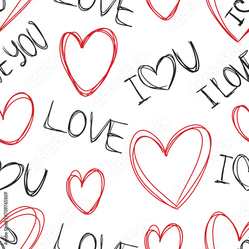 Seamless pattern with hearts and I love you hand written words in black and red isolated on transparent background. Hand drawn vector sketch illustration in doodle vintage engraved outline, line art.