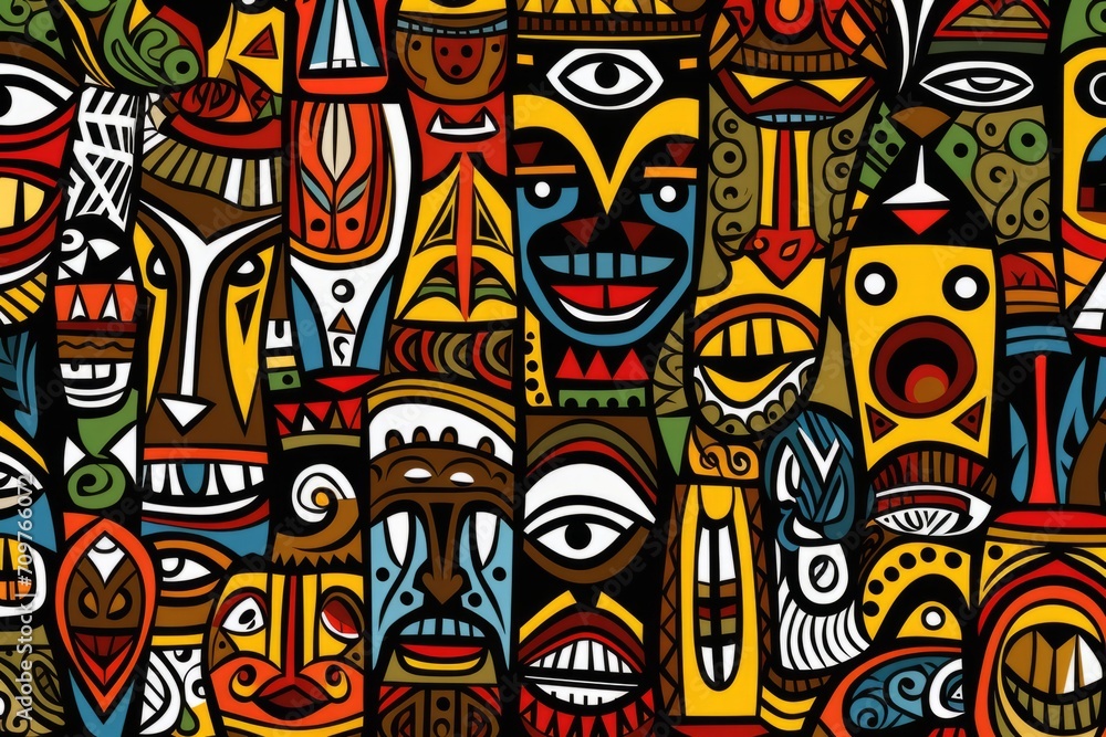 Cartoon cute doodles of traditional African tribal masks, symbols, and patterns forming an artistic and detailed seamless design, Generative AI