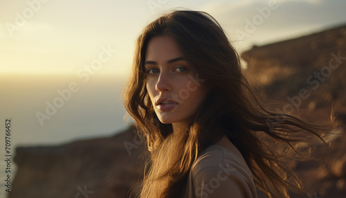 Cinematic portrait shot of a woman with long brown