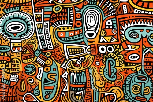 Cartoon cute doodles showcasing traditional African tribal art elements, intricately arranged to form a detailed and symbolic seamless design, Generative AI photo