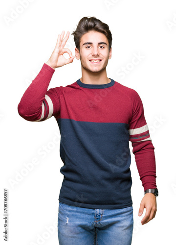 Young handsome man over isolated background smiling positive doing ok sign with hand and fingers. Successful expression.