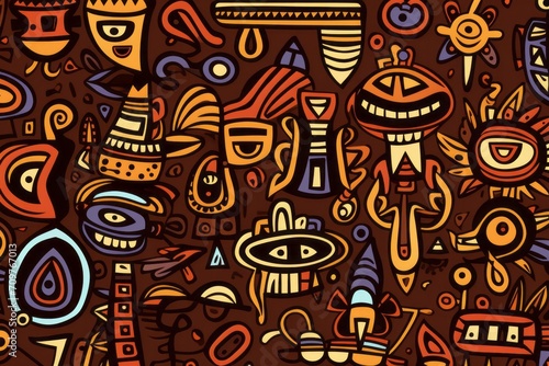Cartoon cute doodles showcasing traditional African tribal art elements  intricately arranged to form a detailed and symbolic seamless design  Generative AI