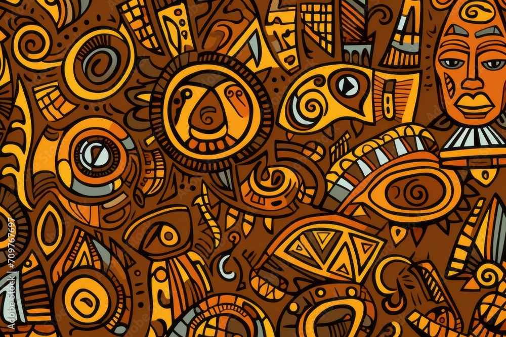 Cartoon cute doodles showcasing traditional African tribal art elements, seamlessly integrated into a detailed and culturally rich seamless design, Generative AI Cartoon cute doodles showcasing traditional African tribal art elements, seamlessly integrated into a detailed and culturally rich seamless design, Generative AI