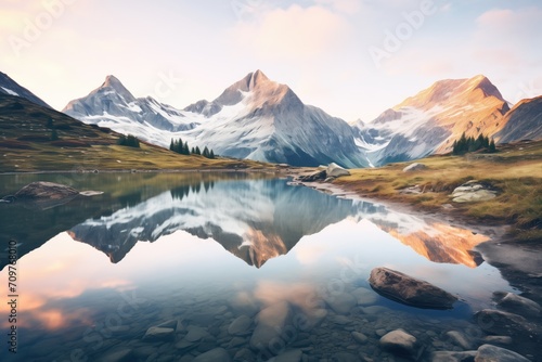 alpine lake reflecting surrounding mountains at dusk