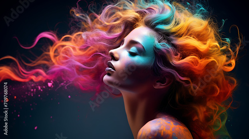 Ultra detailed photography of a woman with ombre-hair, side view, (dark room photography), (colorful dust splash in background) tattooed man, 32k resolution, best quality photo