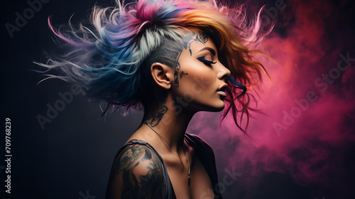 Ultra detailed photography of a woman with ombre-hair, side view, (dark room photography), (colorful dust splash in background) tattooed man, 32k resolution, best quality photo