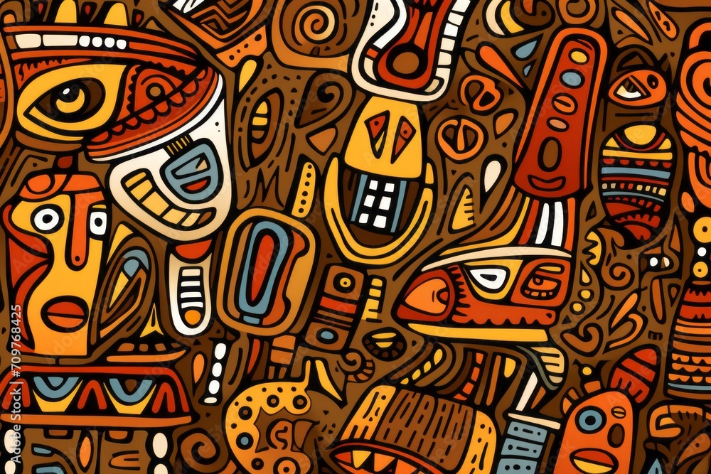 Cartoon cute doodles showcasing traditional African tribal motifs and symbols, forming a harmonious and culturally rich seamless backdrop, Generative AI