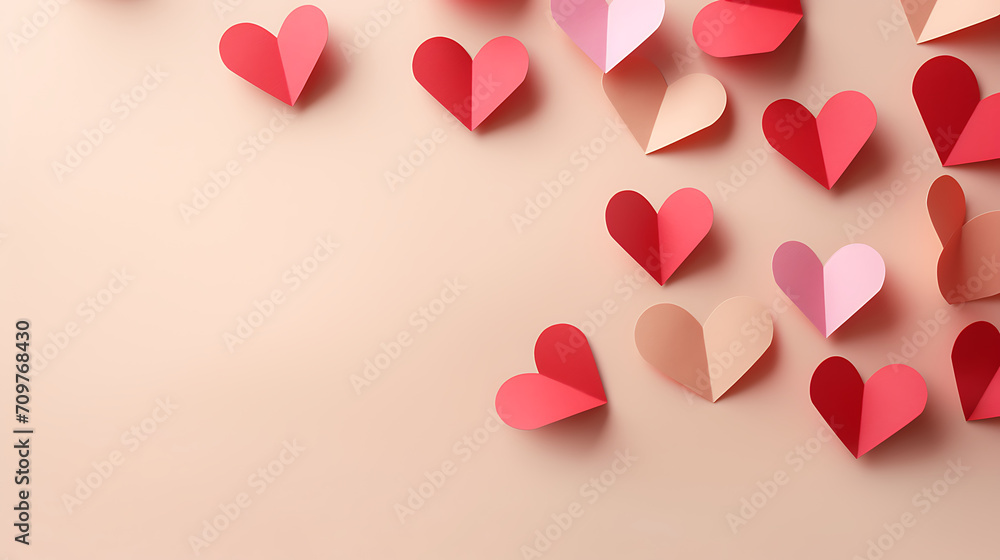 Love (Valentine's day) background or wedding background. Pink and red paper hearts on a soft beige pastel background. Love concept. Generative AI illustration 