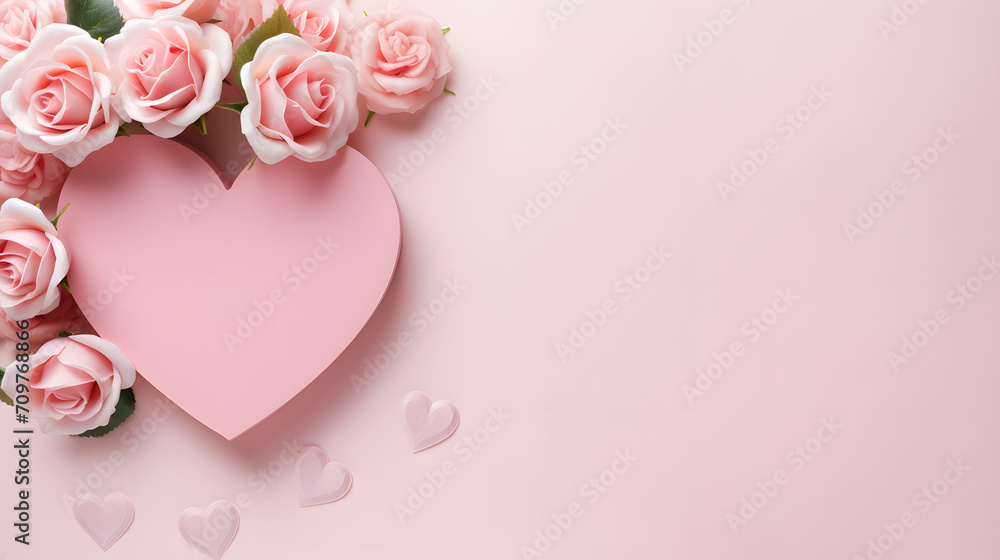 Valentine's day concept heart giftbox and ribbon,paper card,roses,top view,space for text,pink background ,wallpaper.