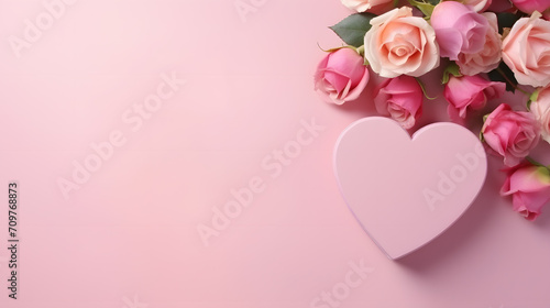 Valentine s day concept heart giftbox and ribbon paper card roses top view space for text pink background  wallpaper.