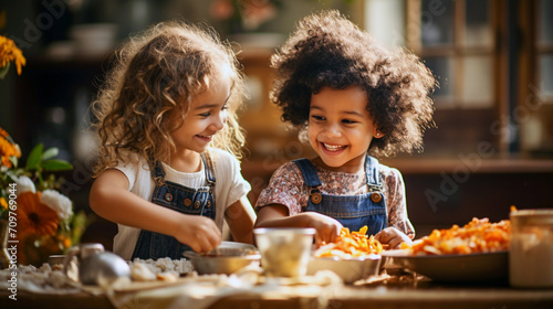 Two joyful young children in denim overalls cooking together in a sunlit kitchen  surrounded by ingredients and utensils