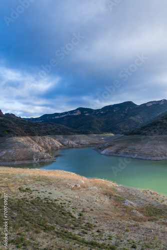 View of reservoir almost empty due to drought, Siurana, Spain, Europe, November 21, 2023, vertical