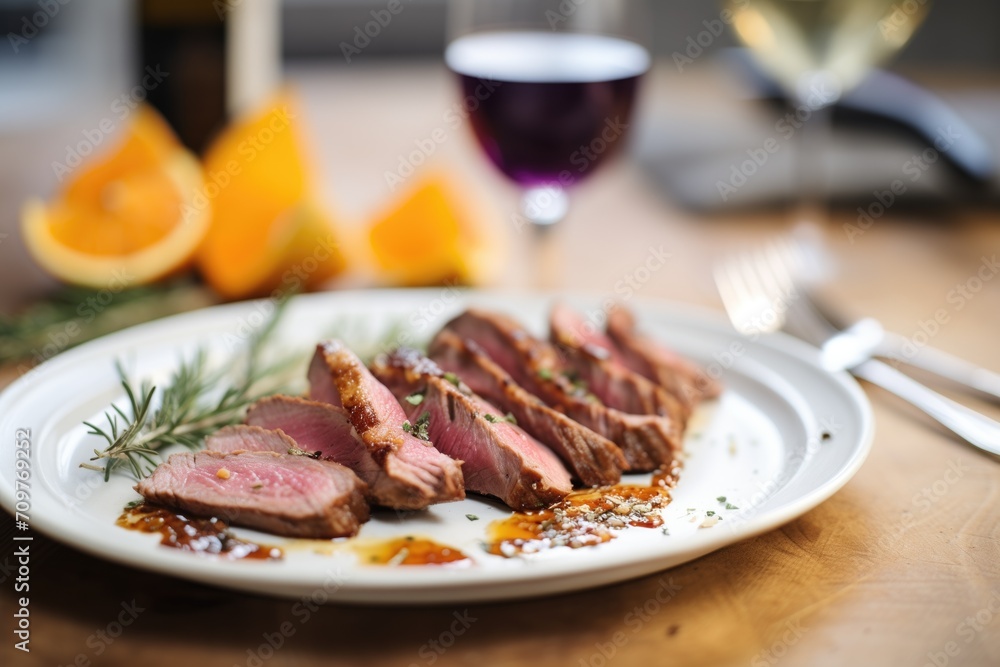 orange slices and red wine glaze over duck meat orange slices and red wine glaze over duck meat