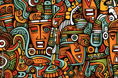 Cartoon cute doodles featuring African tribal art elements  intricately arranged to create a culturally inspired and seamless pattern  Generative AI