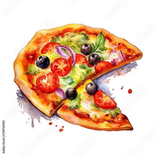 Pizza Aquarell Kunst Bild Italienische Küche Tomate Mozzarella Handgemalt Essen Illustration Basilikum Oliven Küchenwandkunst Leinwanddruck Pizzeria Dekor Geschenkidee photo