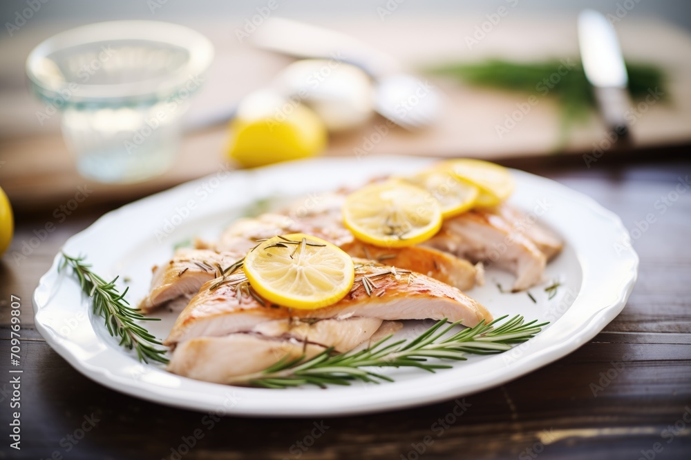 sliced chicken with lemon wedges and rosemary sprigs