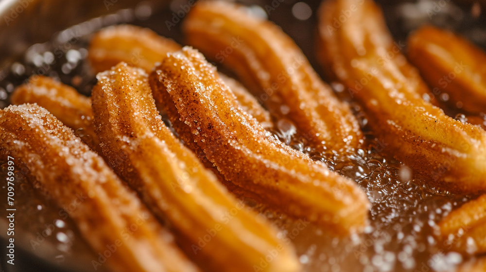 Glistening churros, a deep golden hue with a dusting of cinnamon sugar. The crispy exterior hides a soft, doughy inside, inviting indulgence.