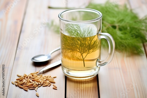 fennel seeds and fennel tea in clear mug, wooden background