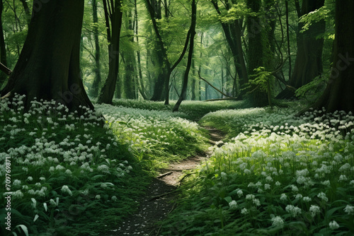 Forrest landscape with floor covered by a blanket of green wild garlic with white blossoms