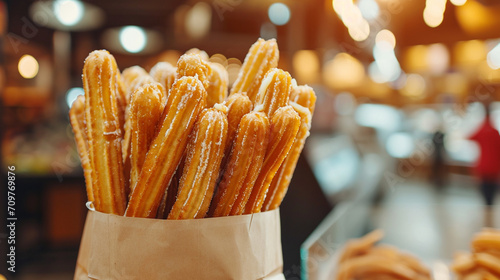 Glistening churros  a deep golden hue with a dusting of cinnamon sugar. The crispy exterior hides a soft  doughy inside  inviting indulgence.