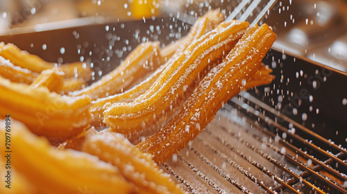 Glistening churros, a deep golden hue with a dusting of cinnamon sugar. The crispy exterior hides a soft, doughy inside, inviting indulgence. photo