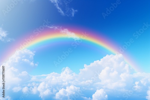 A rainbow with a blue sky and clouds as the backdrop