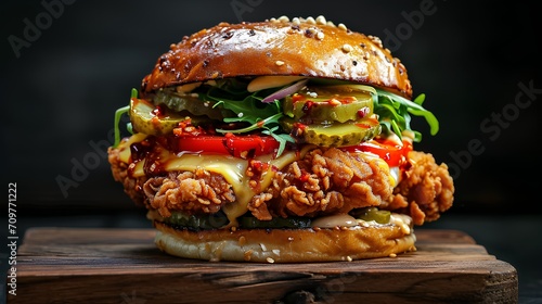 smashed fried chicken burger, in buttery brioche buns, melted cheese, pepper pieces, salad, pickles, fried oignons, chili sweet sauce, haute cuisine, gault millau minimalistic presentation, dark wood,