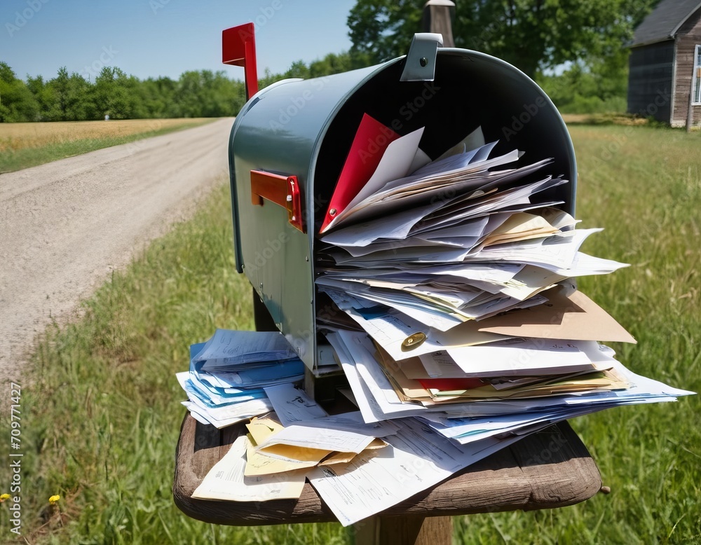 A rural mailbox is overflowing with an assortment of mail, including ...