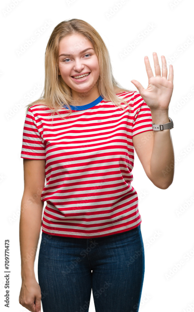 Young caucasian woman over isolated background showing and pointing up with fingers number five while smiling confident and happy. Young caucasian woman over isolated background showing and pointing up with fingers number five while smiling confident and happy.