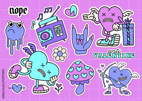 Funny groovy y2k anti Valentines day stickers set. 2000s anti love conception with retro cartoon characters of hearts. Trendy neon color vector illustration.