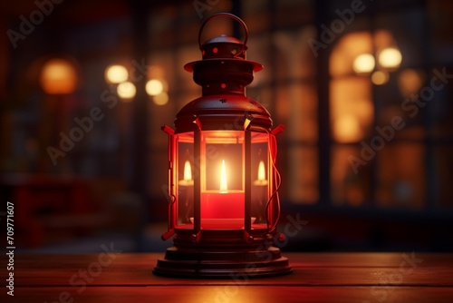 A red lantern emits a warm glow with a central candle