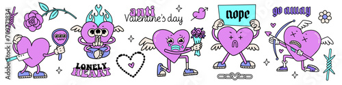 Set of retro cartoon hearts and funny grungy elements. Collection of comic characters in trendy y2k psychedelic weird cartoon style. Trendy neon 2000s Anti valentines day concept. Vector illustration photo