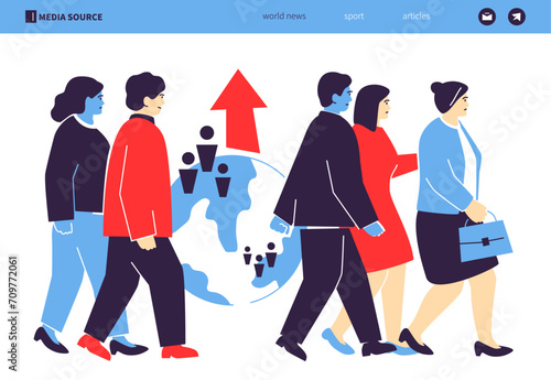 The problem of overpopulation - colorful flat design style illustration with linear elements. Composition with crowd of moving people, globe, earth, humanity and increasing demographics idea