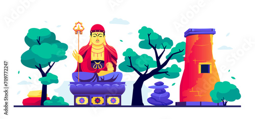 Haedong Yonggungsa Temple - modern colored vector illustration with statue of buddha, tower of stones for balance and peace. Zen mood and serenity of South Korea. Nature, trees and sights idea