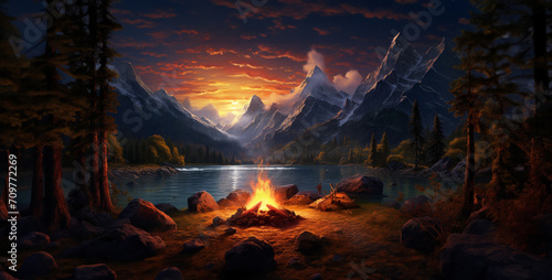 fire in the forest, sunset in the mountains, a bonfire in a field surrounded by trees