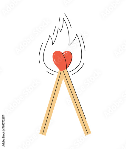 Two matches forming a heart with fire flame