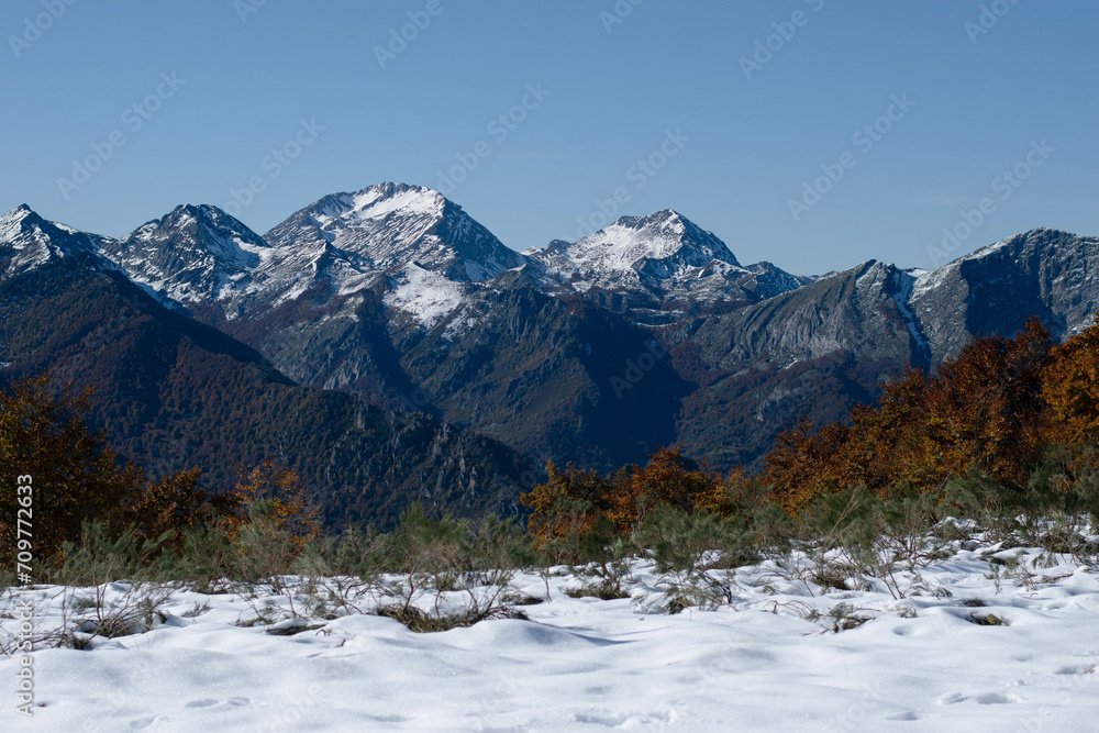 Snow-covered mountain next to a picnic area