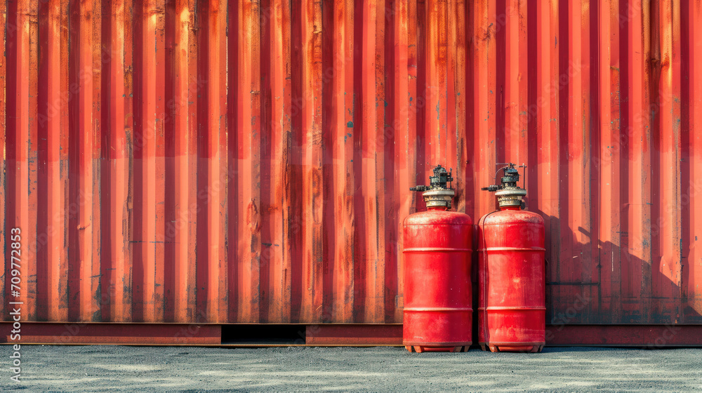 Red cylinders with propane gas. Cylinders with an propane Red cylinders with propane gas. Cylinders with an propane